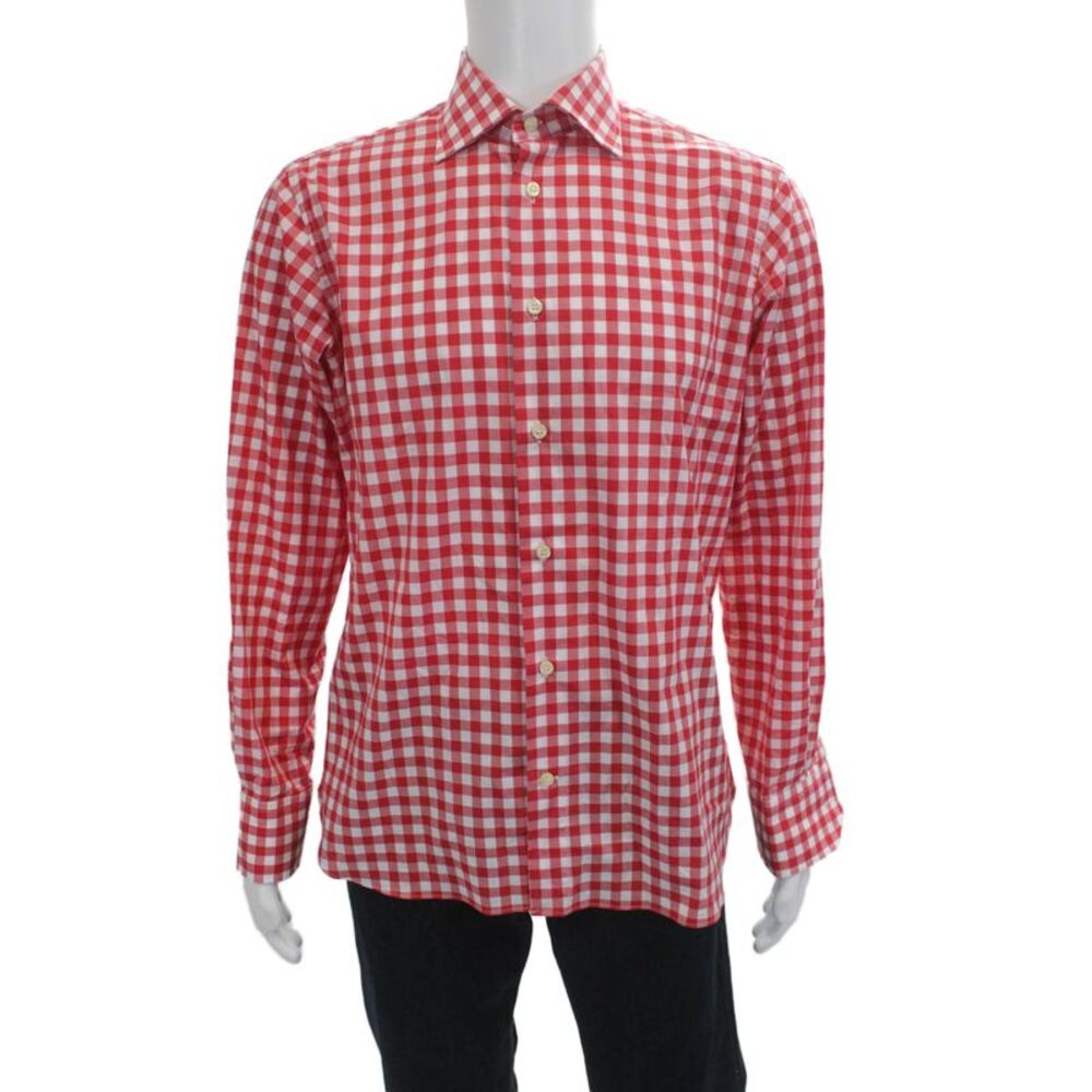 Eredi Pisano Mens Checkered Collared Long Sleeve Button-Down Shirt Red Size 40